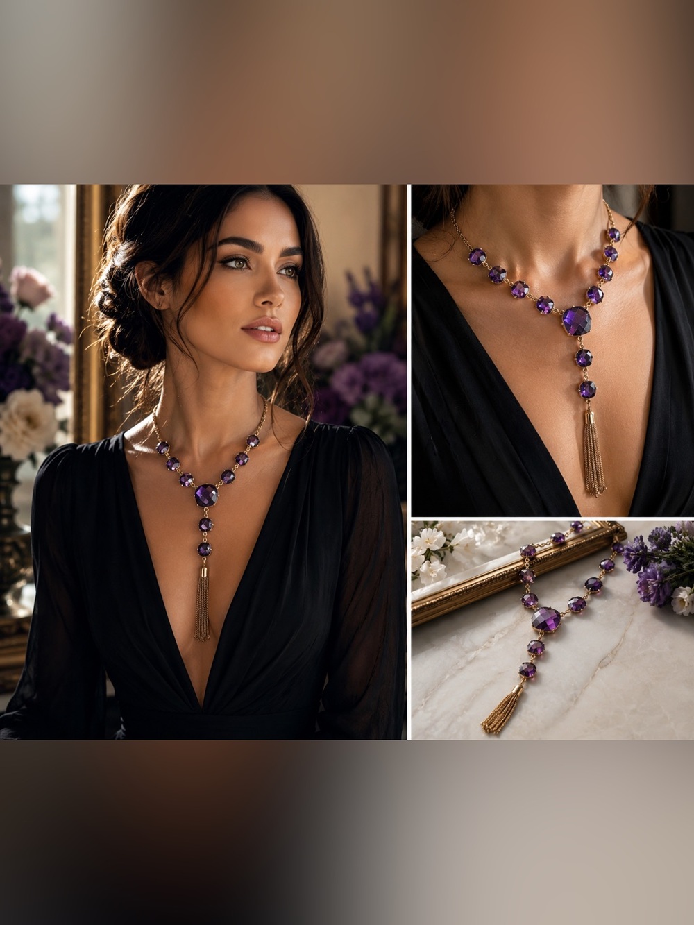 Purple Crystal Tassel Statement Necklace Gold Tone Glam Art Deco Evening Boho